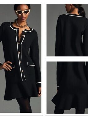 Endless Rose Black Long Sleeve Button Up Knit Dress w/White Trim Sz S